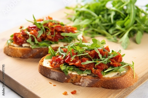 bruschetta with arugula and sun-dried tomatoes on a marble countertop