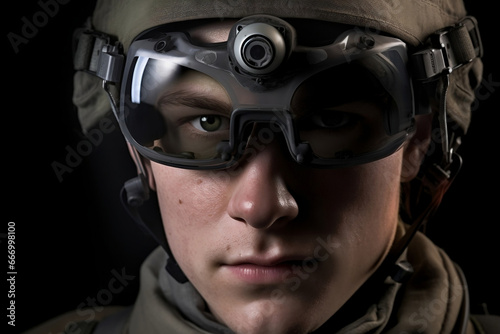 Detail of young modern soldier s head armed with futuristic goggles generative ai © Tohamina