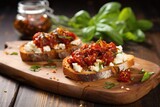 bruschetta with goat cheese and sun-dried tomatoes on a rustic tabletop