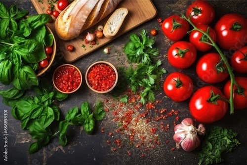 top view of bruschetta, tomatoes and scattered basil leaves on a table