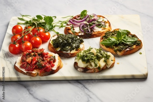 array of assorted fresh herb bruschetta on a marble table top