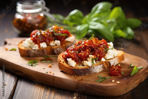 bruschetta with goat cheese and sun-dried tomatoes on a rustic tabletop photo