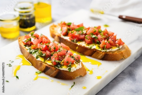 bruschetta with lemon zest, olive oil drizzle, on a marble slab