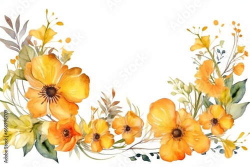 Vibrant floral frame with yellow watercolor abstract flowers and leaves. Isolated arrangement on a white background. Generative AI