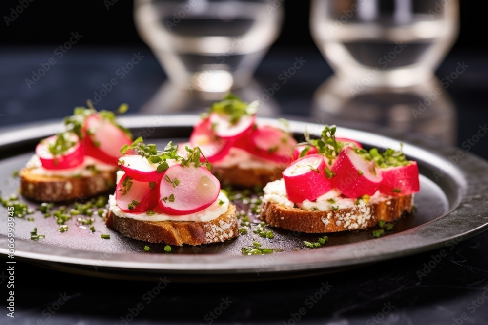 a pair of radish bruschettas on a glass plate a pair of radish bruschettas on a glass plate