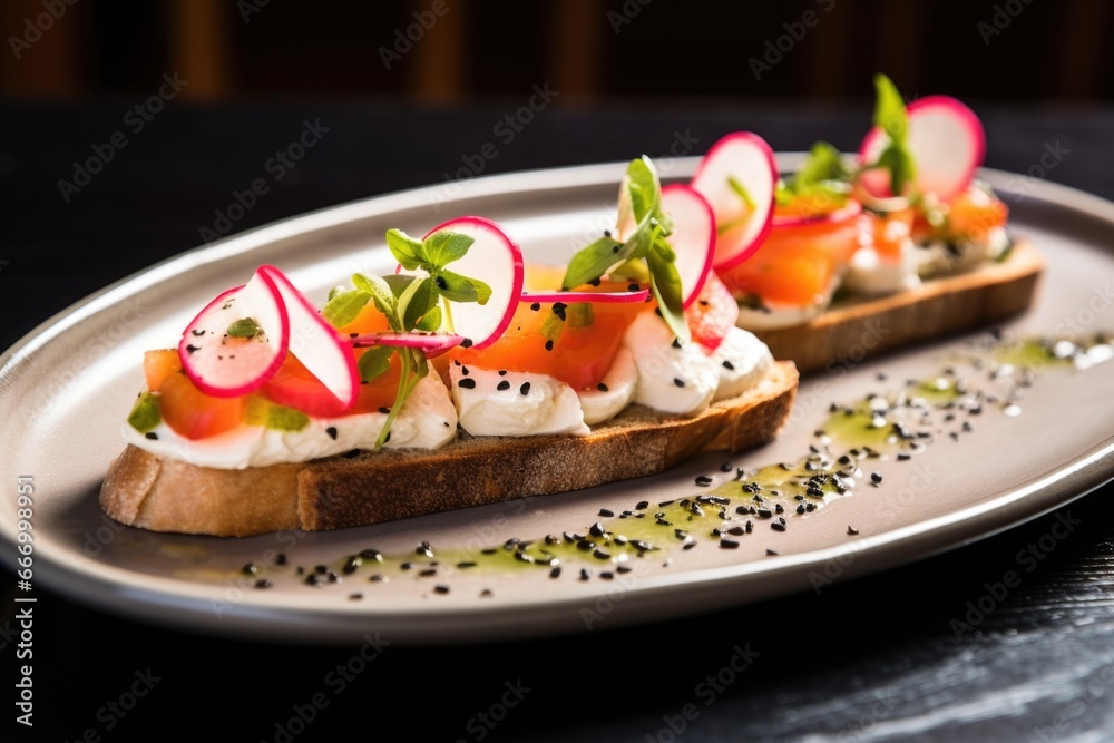 bruschetta with thinly sliced radish and black pepper
