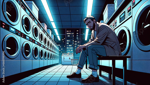 An illustration of a man of European descent sitting in a dimly lit laundromat at night, waiting for his laundry while looking exhausted photo