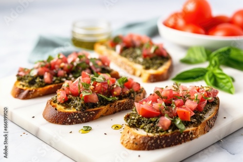 zaatar bruschetta, basil leaves, and olive oil on marble countertop