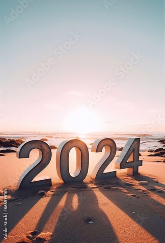 Happy New Year 2024, picture of 2024 numbers on the beach in the morning light generative ai art