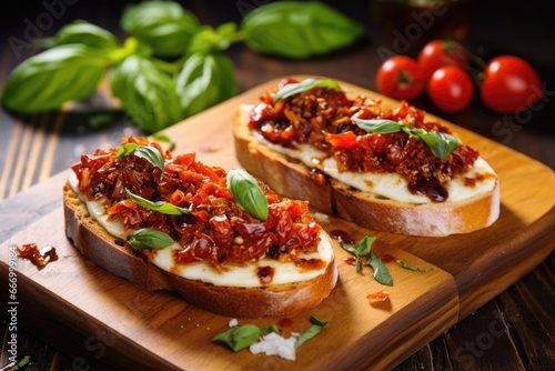 bruschetta with sun-dried tomatoes and melted mozzarella on a bamboo board