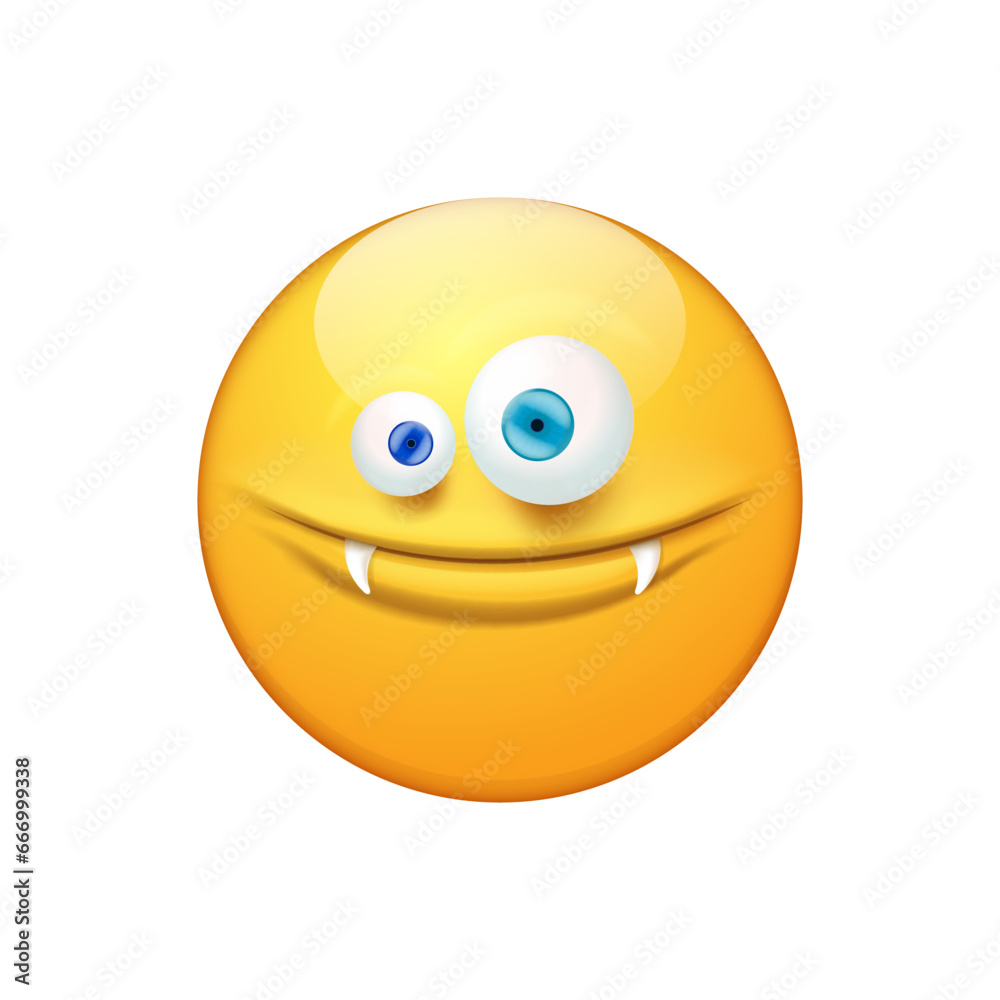 Smiling Face with monster mouth and eyes isolated on white background. Yellow monster smiley face character with white vampire teeth. Halloween day concept illustration, sticker, print and icon
