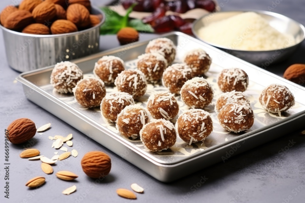 date balls arranged in a row on an enamel tray date balls arranged in a row on an enamel tray