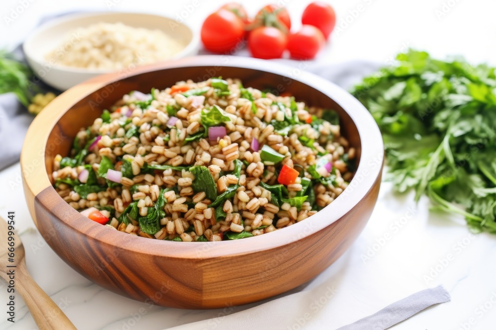 a bowl of farro salad next to a board with chopped veggies a bowl of farro salad next to a board with chopped veggies