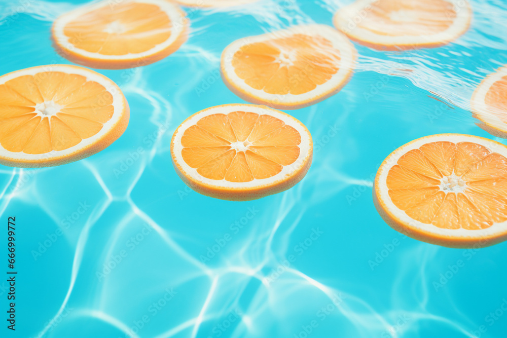 Creative summer background with orange fruit slices in swimming pool water, Summer wallpaper with copy space, aesthetic look Creative summer background with orange fruit slices in swimming pool water, Summer wallpaper with copy space, aesthetic look