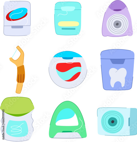 dental floss set cartoon. tooth health, clean oral, ing dentist dental floss sign. isolated symbol vector illustration