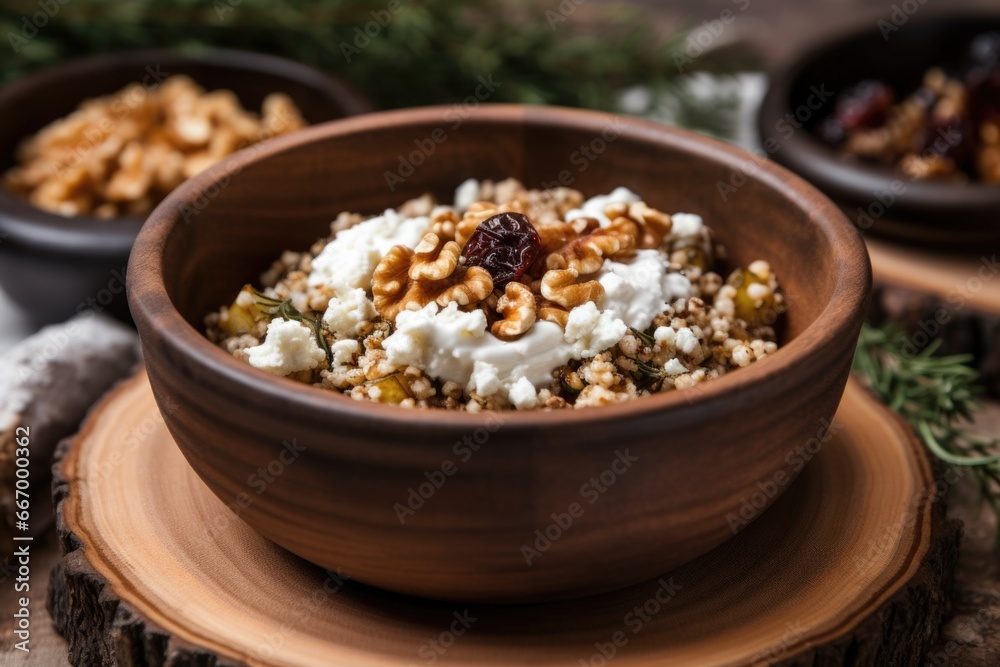 quinoa topped with crumbled goat cheese, walnut pieces in a rustic stone bowl quinoa topped with crumbled goat cheese, walnut pieces in a rustic stone bowl