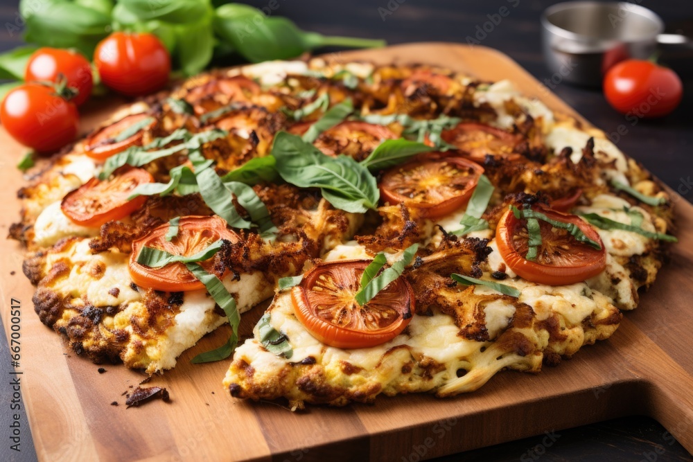 roasted cauliflower pizza on a wooden board roasted cauliflower pizza on a wooden board