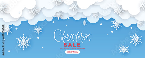 Christmas sale banner with 3d cloud and snowflake illustration in paper style design
