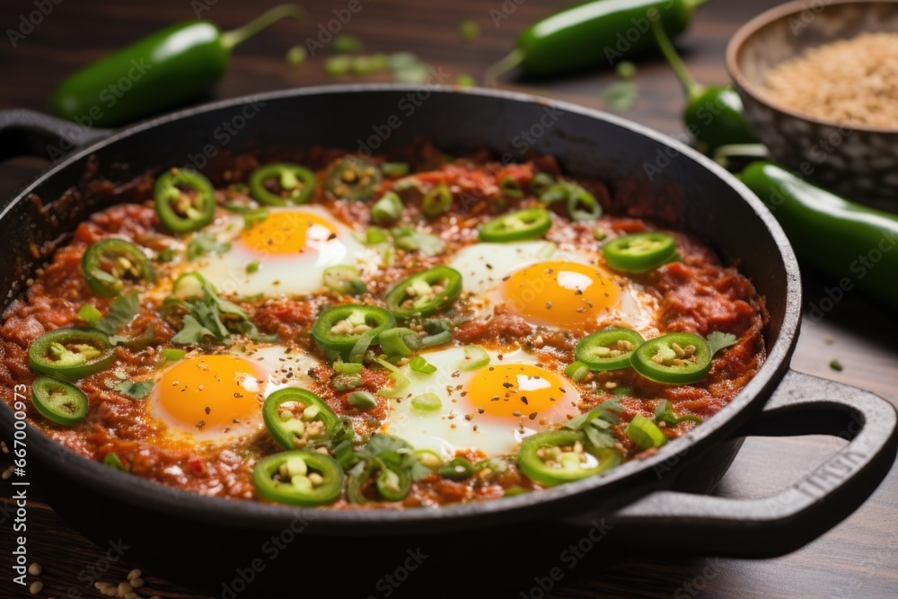 spicy shakshuka with jalapenos and chili flakes