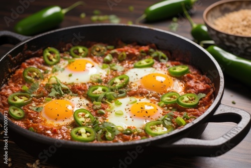 spicy shakshuka with jalapenos and chili flakes