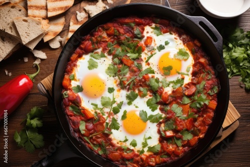 top-view of shakshuka in a black cast-iron skillet