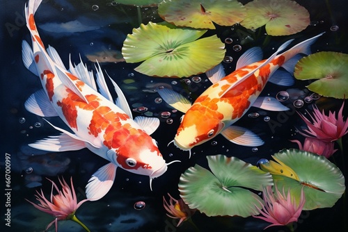 Colorful watercolor painting of two koi fish swimming closely. Generative AI