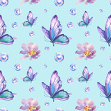 Seamless pattern of purple butterflies and flowers. Watercolor illustration. Collage, background.