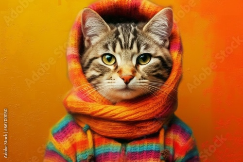 A beautiful cat in clothes on an autumn backdrop. Background with selective focus and copy space
