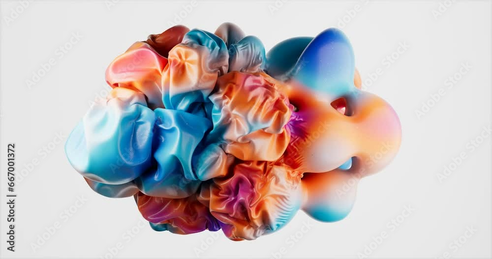 3D background. Abstract shape inflating. Futuristic rainbow blob with silver sparkles. Fun satisfying cloth animation in 4K. Liquid shape. Seamless 3D loop video.  Colorful mockup for logo or product