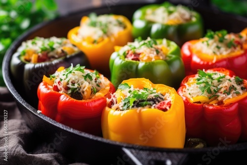 a pan filled with stuffed bell peppers in various colors