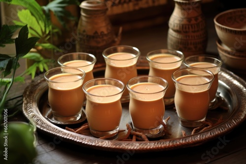 lassi in clay pots arranged on a copper tray