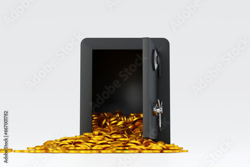 Opening steel safe box with gold coin falling out, security bank safe, 3D rendering.