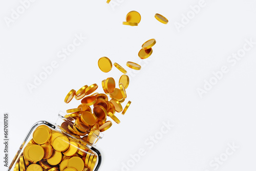 Gold coin falling in glass jar, until full, savings growth money concept, bank deposit, 3D rendering.