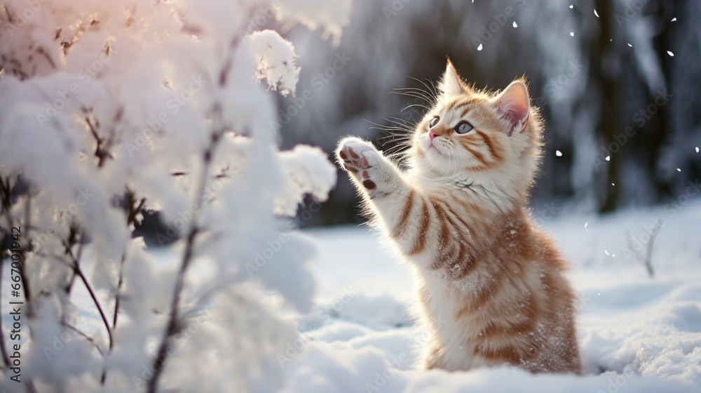 A playful kitten chasing after snowflakes in a winter wonderland