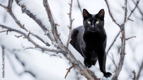 A sleek black cat tiptoeing on a snowy tree branch