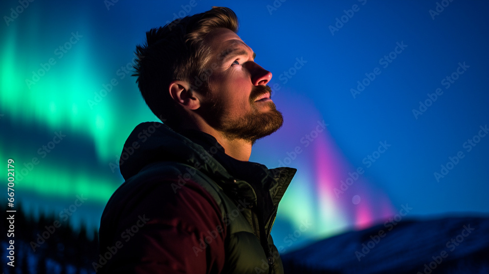 A profile of a man with the aurora borealis in the background
