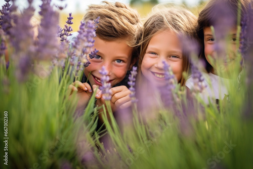 A group of children playing hide and seek in a lavender field #667002360