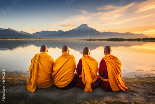 A group of monks in meditation near a serene lakeside photo