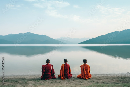 A group of monks in meditation near a serene lakeside