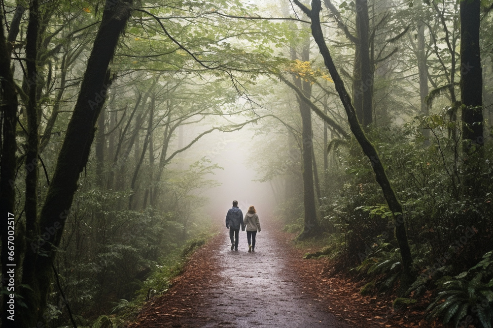 A couple holding hands walking along a mist-covered forest path A couple holding hands walking along a mist-covered forest path