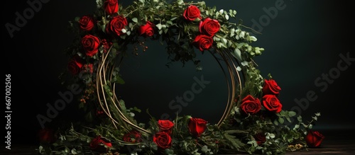 Dark red roses on green wreaths