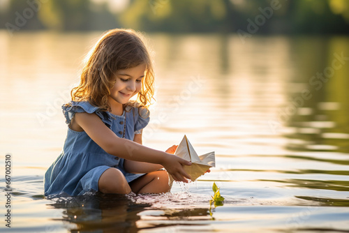 A child playing with a paper boat on a serene lakeshore