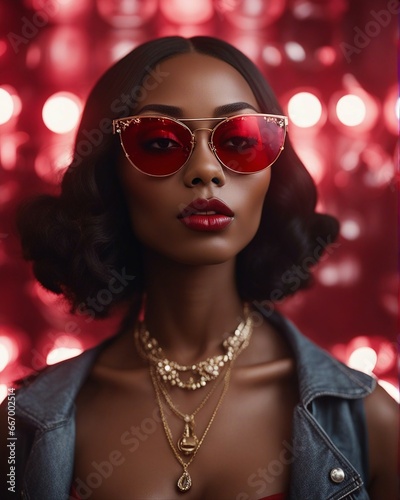 High fashion studio portrait of young african american woman with red sunglasses