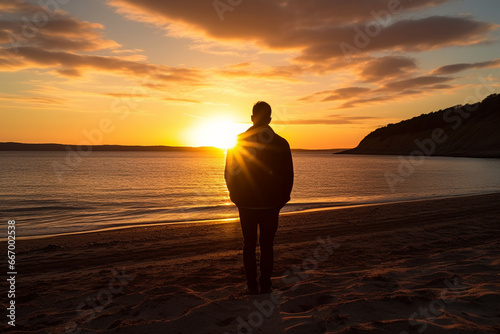 A man silhouetted against the backdrop of a setting sun on a quiet beach