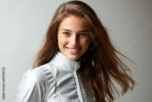 Portrait photo of a woman in fencing wear over black photo
