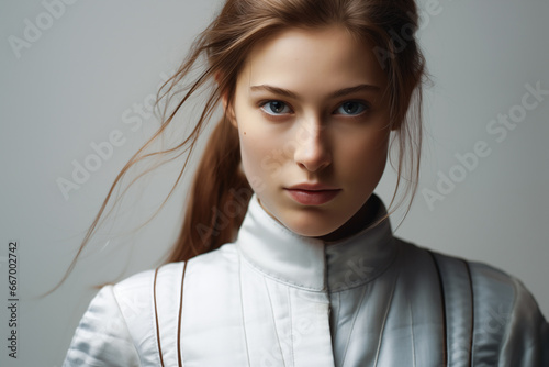 Portrait photo of a woman in fencing wear over black