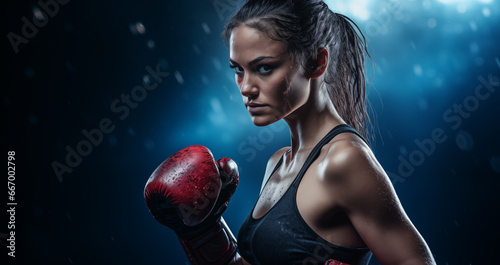 Photo of woman in boxing gloves over dark background © Kalim