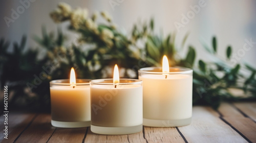 Scented candles burning on a white wooden table