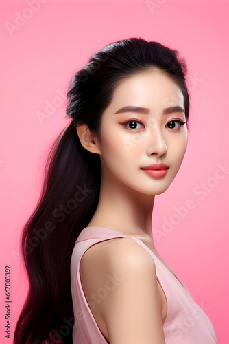 A young Asian beauty woman pulled back her hair on the pink background. High-resolution