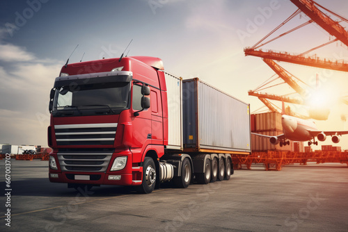 container truck ,ship in port and freight cargo plane in transport and import-export commercial logistic, shipping business industry, aesthetic look